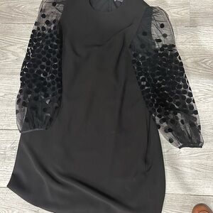 Lela Rose Elegant Black Dress with Sheer Polka Dot Sleeves